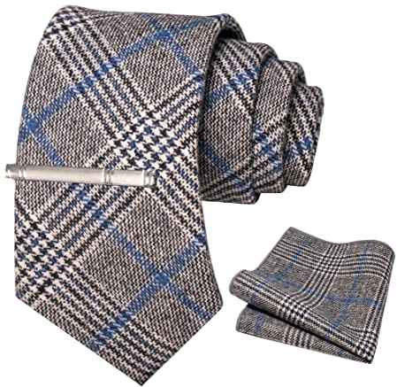 JEMYGINS Retro Wolle Weiß schwarz blau gestreift2 Krawatte und Einstecktuch Krawattenklammer Sets für Herren