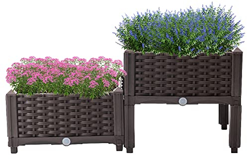 Mingone Jardinière de Jardin en Rotin Jardinière d'Extérieur avec Trou de Drainage 2 Jardinières de PaniersPour Jardin Terrasse Balcon, 80x40x23-38cm, Marron