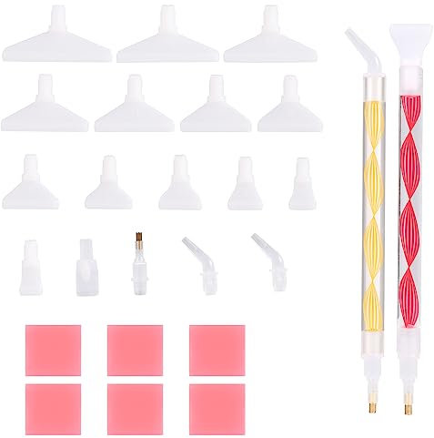 25pcs Diamond Art Painting Pens and Accessories, 5D Diamond Art Pen Ergonomic Point Drill Pen Diamond Art Painting Pens Tools for Round Square Gem, Red, Yellow (2 Pens+17 Pen Tips+6 Glue)
