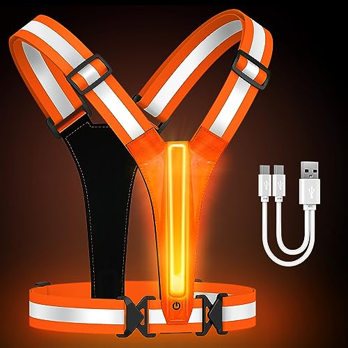 Fokia Kunbio Reflektierende LED-Laufweste, beleuchtete Weste, Läufer, Nachtlaufen, USB-wiederaufladbar, bis zu 11 Stunden Licht mit Verstellbarer Taille/Schulter für Damen, Herren, Kinder(orange)