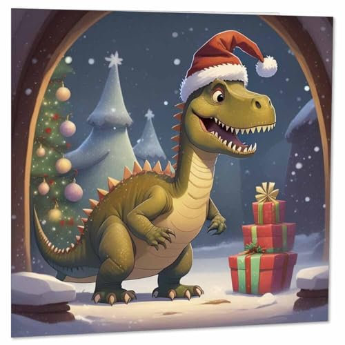 Weihnachtskarte – Niedlicher Dinosaurier T-Rex – Festliche Weihnachtskarten 145 x 145 mm