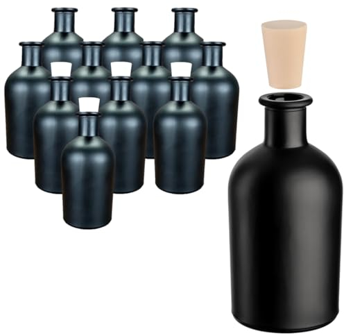 gouveo Lot de 12 Bouteilles en Verre de 250 ML Noir avec Bouchons en Plastique (SK) - Bouteille de pharmacien pour Liqueur, Huile, vinaigre (AFR250SPEK)