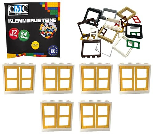 CMC imports Klemmbausteine 6 Fenster + Fensterrahmen 1x4x3 Noppen City Gebäude Stadt 60594 (Weiß - Gelb)