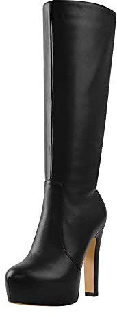 MissHeel Stivali con plateau con tacco a blocco, punta tonda con tacco alto, Nero , 39 EU