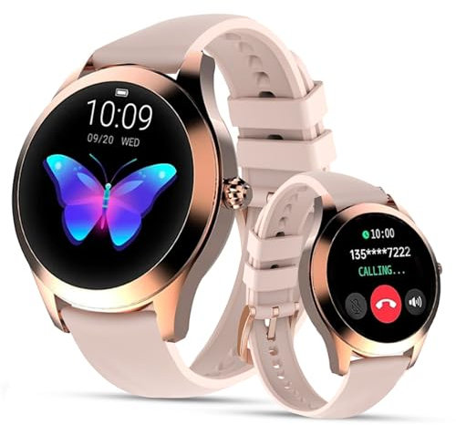 LUNIQUESHOP Round 2 Montre Connectée Femme Appel téléphone| Assistance Vocale| Smartwatch Tactile Petite Taille Ronde| Fréquence Cardiaque, Sommeil| Montre Intelligente Android iOS (Rose)