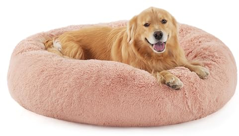 BEDSURE Katzenbett waschbar Flauschiges Katzenbett - Ø 115 cm Katzenschlafplatz für Katzen und kleine Hunde, plüsch Katzenkissen rund Kuschelbett, Rosa