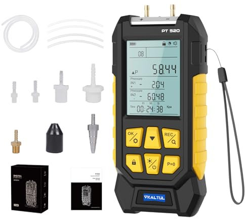 VKALTUL Digitales Manometer PT520,Manometer Wasser,Manometer Druckluft mit Hohem Genauigkeitswert, 10 Messwerte, 29 Speicherung von Daten,Mehrere Messadapter, -1000~2000mbar, -100~200Kpa
