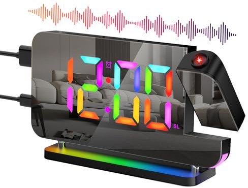 Homealexa Réveil Miroir LED Projection Numérique - Projecteur 6 Luminosité, Surface Miroir, Mode Snooze, 180° Rotation, Réglage 12/24H, Chargeur USB Noir