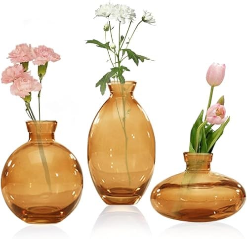 SAWOAKE Glass Bud Vases Set of 3, Small Diamond Bud Vases in Bulk, Mini Flowers Vases for Centerpieces, Vintage Bottle for Table Decorations, Wedding Decor, Recepetion, Home (3, Amber)