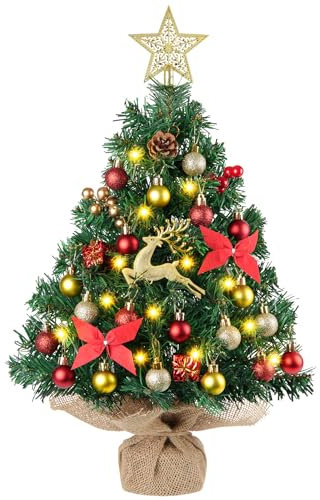 N&T NIETING Mini Christmas Tree with Lights, 61CM Table Top Tree with Star Tree Topper, Balls, Snow Flower, Artificial Xmas Tree for Home Office Desktop Party Indoor Christmas Decorations(Green-1)