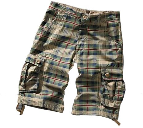 MQMYJSP Herren Karierte Cargo Shorts Kniehosen Sommer Baumwolle Dünne Freizeit Sport Utility Tasche Gerade Khaki Plaid 30