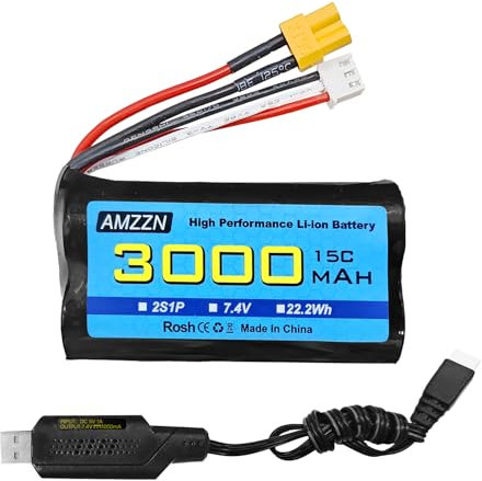 AMZZN 7.4V 3000mAh 15C 2S XT-30 Lithium-Ionen-Akku mit USB-Ladegerät, geeignet für Autos mit hoher Geschwindigkeit, Fernsteuerung, LKW, RC-Schiff, Modellautos und Fahrzeugbatterien
