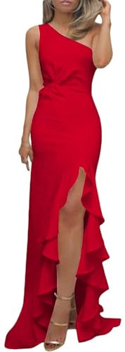 Evening Dress Size 20 UK Thigh-High Slit Long Dresses Evening Wedding Guest Dress New Ruched Ruffled V Neck Elegant Party Dress Side Slit Off Shoulder Long Dresses Ladies Sexy Prom Dress Red