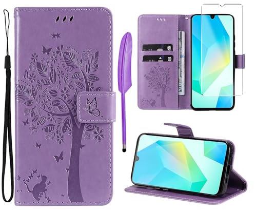 Oududianzi-Coque pour Samsung Galaxy A16 4G / 5G [1X Verre Trempé] Étuis à Rabat Folio Protection Housse Cuir PU Portefeuille Silicone [Fermeture Magnétique][Emplacements Cartes][Stand Feature]-Violet
