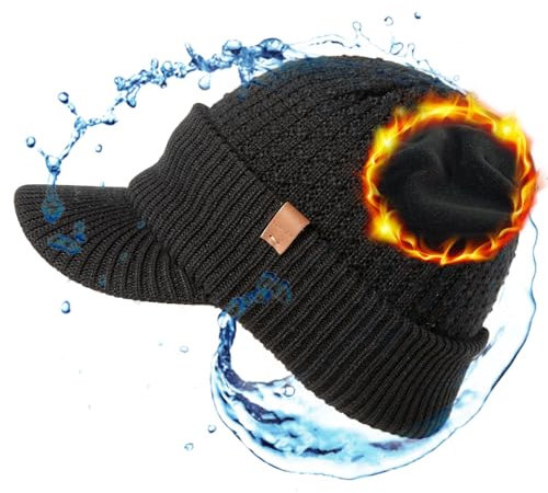 TOP-EX 50% Merinowolle Wintermütze Herren Damen Schirmmütze, wasserdichte Beanie Mütze mit Schirm, warm gefütterte Strickmütze für Running und Outdoor-Sportarten, Winddicht Schwarz L/XL
