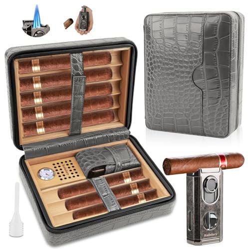 Kalolary Zigarren Humidor Leder mit Zigarrenschneider, Tragbarer Reise Humidor Zigarren mit Zedernholz Auskleidung für Hält bis zu 8 Zigarren, Tolle Geschenke für Männer (Grau-Schwarz)