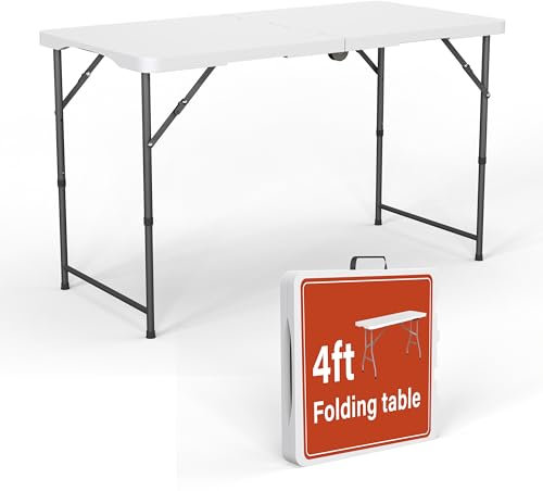 1.22m Rectangle Folding Trestle Table with Adjustable Legs Outdoor Picnic Portable Folding Table for Camping, Parties, Garden, BBQ, Beach, Indoor & Outdoor Use, Party Catering 4ft 122x60x74cm White