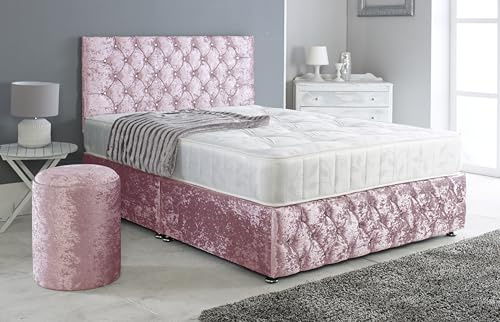 Adore Living Chesterfield Crushed Velvet Divan Bed Set - Headboard, Footboard & Mattress - Storage Bed (Pink, 4ft6 Double - 4 Drawers)