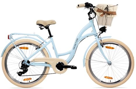 Goetze Mood 24 Zoll Kinderfahrrad, 14 Zoll Tiefeinsteiger Rahmen, 6-Gang Kettenschaltung, V-Bremse, LED-Beleuchtung, Gepäckträger, Komfortsattel, Schutzbleche, Rattankorb mit Stoffeinsatz!