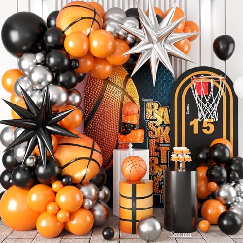 Basketball Ballon Bogen Kit, Schwarz Orange Luftballons Girlande Bogen Kit, Silber Stern Foli Ballons Basketball Folienballon für Ballspiele Thema Geburtstag Babyparty Party Jahrestag Hochzeit