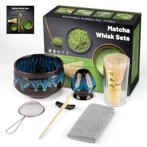 7PCS Matcha kit ceremonie japonais, Cuillère en bambou, pelle en bambou, Porte-Fouet, Coffret matcha pour la cérémonie du thé, la boisson (Change Blue, BAMBOO)