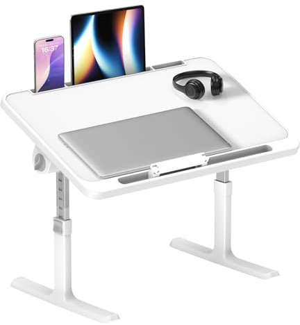 Table de Lit Réglable 60 x 40 cm, Plateau Bureau Pliable pour Ordinateur Portable, Hauteur et Angle Ajustables, Lapdesk Pliable avec Support Tablette, Idéal pour Lit, Canapé, Sol - Blanc