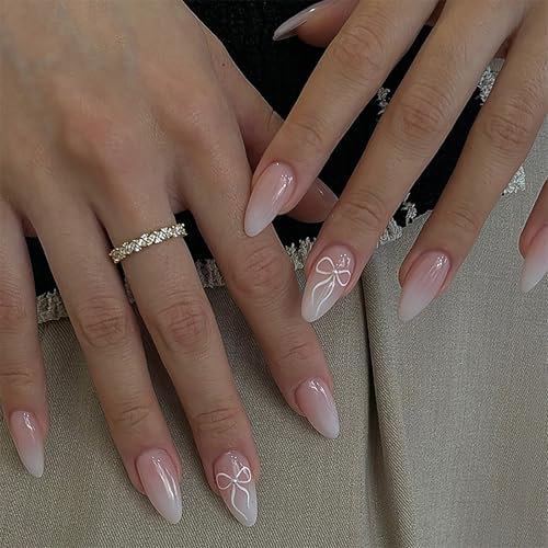 24pcs Ombre Stick on Nails - Almond Press on Nails - Bow False Nails with Glue - Gradient Fake nails Medium Long - Full Cover Almond Nail Tips Long Lasting for Women Girls French Manicure