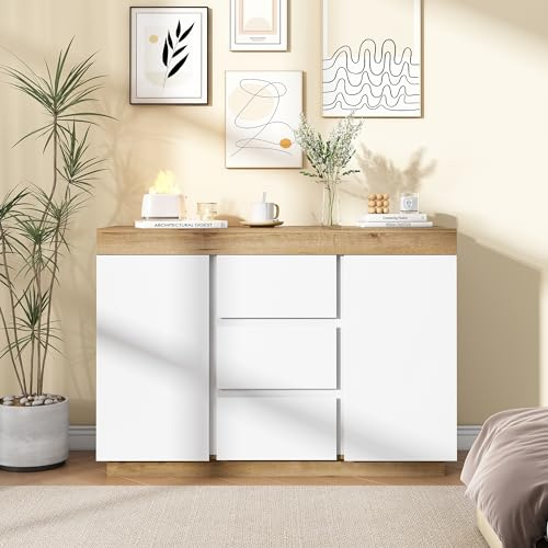 Merax Sideboard, Küchenschrank mit 3 Schubladen und 2 Türen für Küche, Buffetschrank mit Arbeitsplatte, für Esszimmer, Wohnzimmer, Landhausstil, Weiß+Oak, 120x40x82 cm