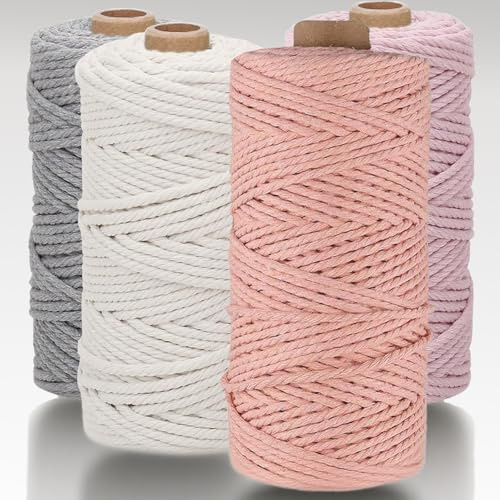 Cerkkapo 4 Stück Makramee Garn, Premium Macrame Garn 3mmx400m DIY Naturgarn | Baumwollschnur Baumwollgarn Schnur Baumwollkordel für Wandpflanze Handwerk- Weiß Hellrosa Hellgrau Lederrosa Makrameegarn