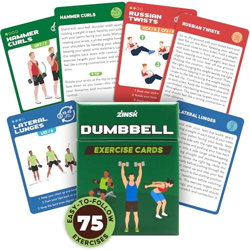 Zinsk 75 Hantel-Trainingskarten – Ganzkörper-Gewichtstraining-Übungsdeck | 6,3 x 8,9 cm; wasserdicht; 12 Kraft-Workouts für Männer und Frauen, die zu Hause oder im Fitnessstudio heben; detaillierter