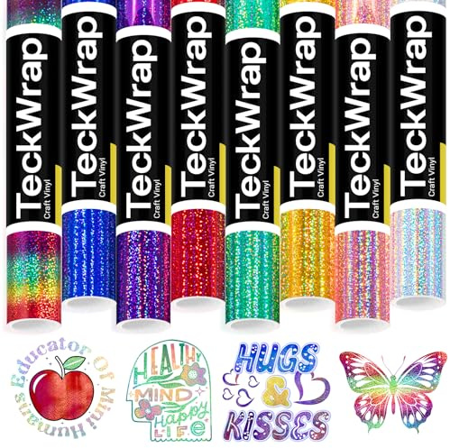 TECKWRAP Glitter Permanent Vinyl Bundle 12''x3ft/Roll Sparkle Adhesive Vinyl Pack 8 Shimming Colour Permanent Vinyl for Mug, Cup, Window & Home Deco,and Other DIY Projects