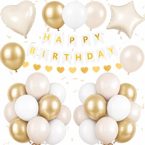 White and Gold Birthday Party Decorations for Women Girls Metallic Gold Sand White Balloon Set with Star Heart Foil Balloons Happy Birthday Bunting Banner Heart Garland Neutral Cream Beige Party Decor