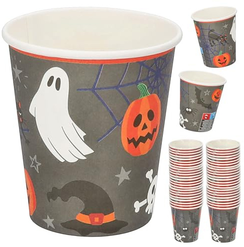 Set di 48 bicchieri di carta per Halloween, Ø 23 cm, carta 250 g/mq, arancione, grigio, nero, bianco, zucca, fantasma, gatto, pistrello, ragno (1 set da 48 bicchieri di carta per Halloween)