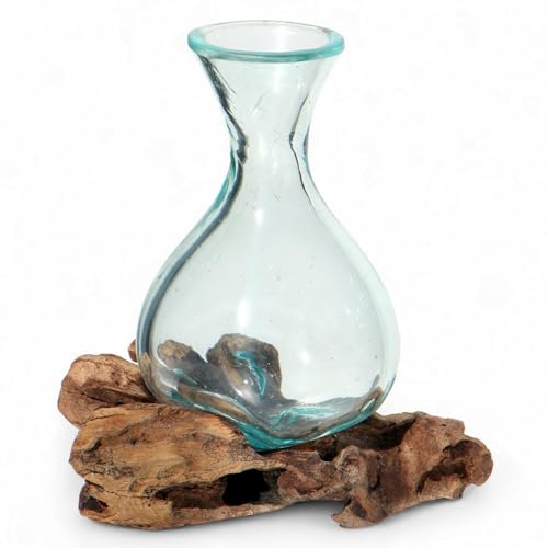 Wogeka - Mini Glas Vase auf Wurzel-Holz - Höhe 14 cm handgemacht als Geschenk-Idee zur Dekoration Karaffe XS