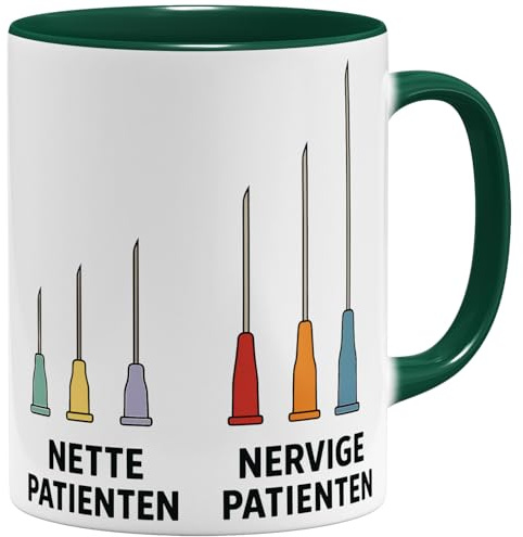 OM3® Nette Patienten - Nervige Patienten Kaffee-Tasse mit Spruch - Lustige Praxistasse für Arzt, Ärztin, Krankenschwester Pfleger - Keramik Becher - 325ml - Beidseitig Bedruckt - Grün
