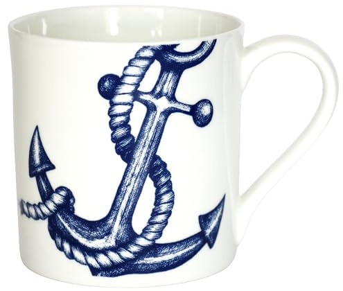 Cream Cornwall Bone China Mug - Anchor - 375 ml | Premium Tea & Coffee Mug | Artwork Hand-Drawn in Cornwall | Lightweight & Durable China White Mug for Sailing & Ocean Lovers, Perfect Mug Gift