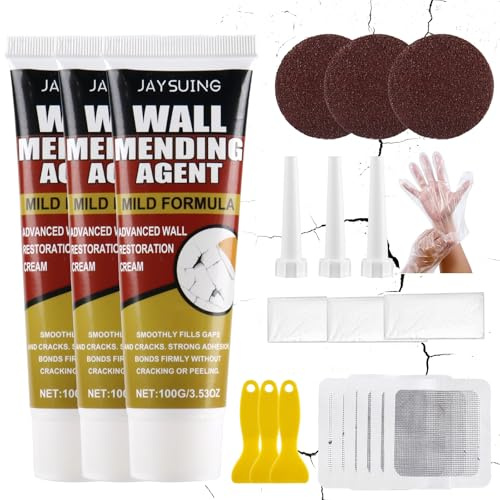 Spachtelmasse Weiß Innen 300g Set (3×100g) – Fertigspachtel Wand Reparatur für Bohrloch Füllung & Risse – Löcher Wand Füllen Weiß mit Spachtel, Schleifpapier & Reparaturflicken