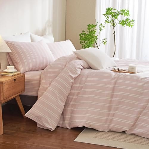 Sedefen Housse de Couette Rayée 240x260cm Rose Blanc Motif Rayures Rayée Parure de Lit en Microfibre 2 Personnes Ado Adultes Sets de Housse Couette Avez Fermeture Éclair et 2 Taies d'oreiller 65x65cm