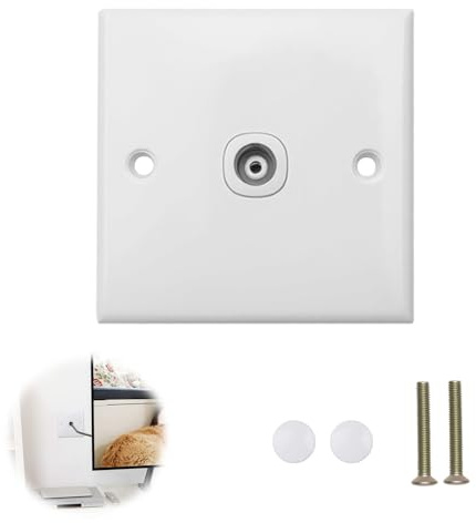 TV Aerial Socket Coaxial Wall Plate Single Coax Outlet White Faceplate | Standard Coax TV and FM Radio Outlet with Mounting Screws, Flame Retardant Wall Plate for Home Media Signal Connection