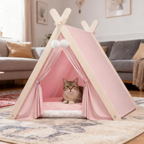 PETCUTE Haustier-Tipi Zelt für Katzen, Kätzchen und kleine Hunde, faltbares Hundezelt mit dreieckigem Holzrahmen und abnehmbarem, waschbarem Kissen, gemütlicher Katzenzelt für Indoor Outdoor,Rosa