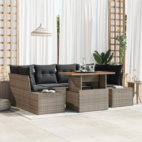 CongVVFV 7-teilige Garten-Essgruppe mit Kissen Grau Poly Rattan Akazie, 6 Personen Eckbank Set inklusive Tisch und Seitensofa, UV-beständig Outdoor Möbel für Terrasse und Balkon