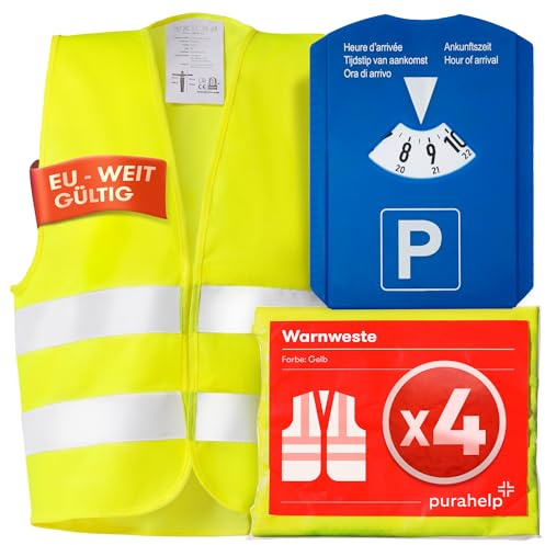 PURAHELP® Warnwesten Auto 4er Set + Parkscheibe | Europaweit gültig nach EN ISO 20471 - Reflektierende Warnweste