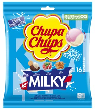 Chupa Chups - Sachet de 16 Sucettes Bonbons Milky-3 Parfums Assortis - Cacao-Vanille, Caramel et Lait-Fraise - Sans Gluten et Sans Édulcorants2