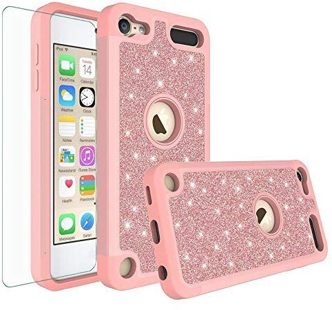 Schutzhülle für iPod Touch 6. Generation, iPod Touch 6. Generation, gehärtetes Glas, stoßfest, glitzernd, Hybrid-Silikon-Schutzhülle, kompatibel mit Apple iPod Touch 5 6. Generation, Roségold