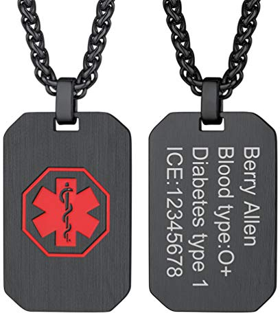 PROSTEEL Medical Alert ID Kette Schmuck personalisiert schwarz-Silber Erkennungsmarke mit roten Symbol Stern des Lebens SOS Notfall DIY Dog Tag für Epilepsie Allergie Patienten