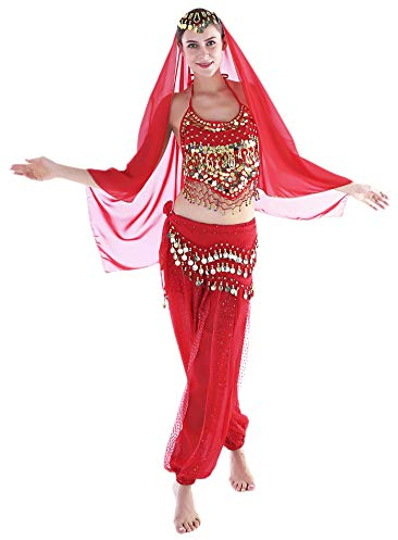 Seawhisper Bollywood Kostüm Damen Fasching Halloween Kostüm Indische Kleidung Bauchtanzkostüme Rot Hose Oberteil