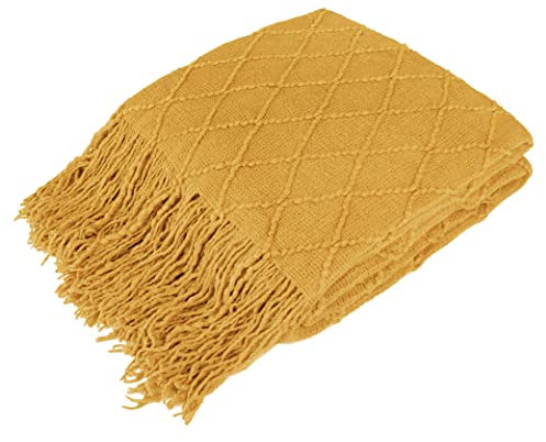PAVILIA Mustard Yellow Knit Throw Blanket for Couch Bed, Soft Knitted Farmhouse Sofa Throw for Living Room, Lightweight Decorative Fall Throw Blanket for Chair, Outdoor Textured Boho Blanket, 50x60