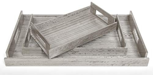 iWOODESIGN Sterling Grey Figured Eucalyptus Luxury Serving Trays with Handle Set of 3 Wooden Trays That Nest Large, Medium and Small Tray for Food, Ottoman Décor Trays for Breakfast in Bed