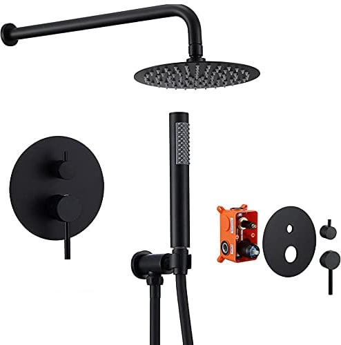 chicstyleme Duscharmatur Komplettset Schwarz Unterputz Duschset Regendusche mit Überkopfbrause und Handbrause Duschsystem Wandmontierte Hochdruck-Niederschlag Rundes Duschkopf 250mm