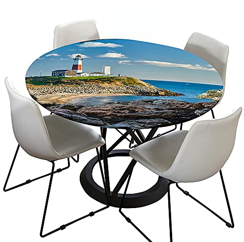 Morbuy Rund Tischdecke Elastisch, Meer Drucken Rund Tischdecken Wasserdicht Lotuseffekt Abwaschbar Abwischbar Tischtuch für Dekoration Küchentisch Garten Outdoor (Durchmesser 110cm,Leuchtturm)